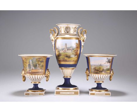 A CHAMBERLAIN'S WORCESTER GARNITURE OF THREE VASES each painted with a titled scene, 'Font Hill Abbey', 'Cheltenham' and 'Wor