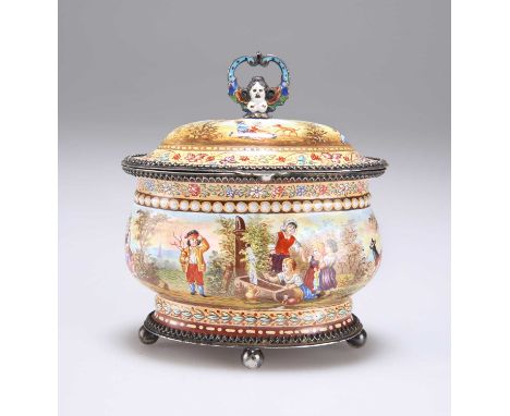 A VIENNESE ENAMEL BOX, LATE 19TH CENTURY maker's mark JF, oval with hinged cover, decorated with a continuous pastoral scene,