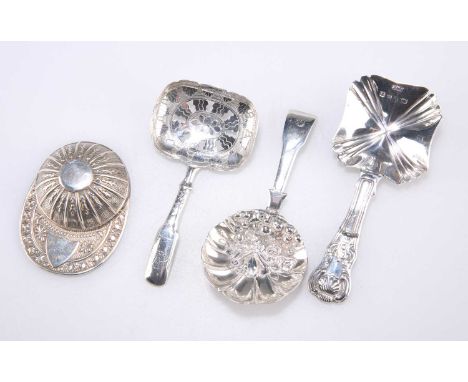 FOUR SILVER CADDY SPOONS, GEORGE III AND LATER comprising one by IT, Birmingham 1814, Fiddle pattern, the rounded rectangular