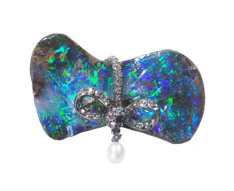 AN EARLY 20TH CENTURY BLACK BOULDER OPAL, DIAMOND AND PEARL BROOCH an amorphous black opal tied by a diamond-set ribbon bow w