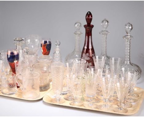 A LARGE COLLECTION OF GEORGIAN AND LATER GLASS including engraved decanter, etched ale jug, ale flutes, wines, etc. (Qty) Eng