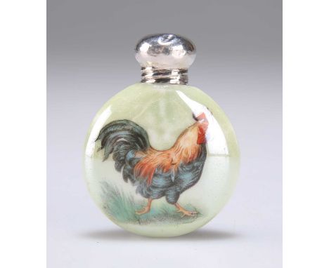 A CONTINENTAL PORCELAIN SCENT FLASK, CIRCA 1900 decorated with a cockerel, unmarked silver screw-cap. 5.3cm highTiny split to
