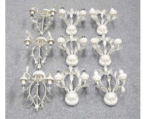 A SET OF NINE CONTEMPORARY PAINTED METAL WALL LIGHTS, BY DAR LIGHTING hung with drops and applied with leaves. (9) 41cm high
