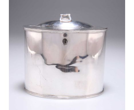 A GEORGE III OLD SHEFFIELD PLATE TEA CADDY plain oval form. 13cm wideGood condition overall, wear and tear commensurate with 