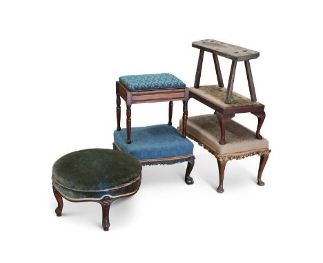 A GROUP OF 19TH CENTURY AND LATER CHAIRS AND STOOLS including a Victorian armchair, a Victorian circular upholstered stool, a