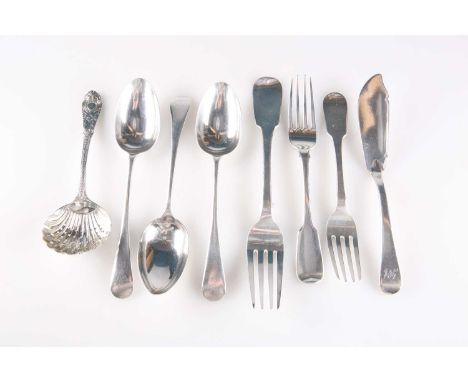 A MIXED GROUP OF SILVER FLATWARE, WILLIAM IV AND LATER including an Irish silver table fork, maker's mark I.B (possibly James