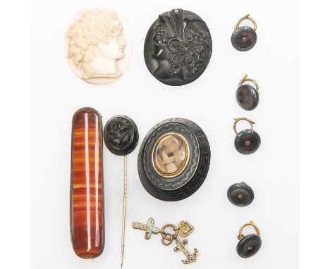 VICTORIAN JET, JEWELLERY AND A LARGE QUANTITY OF COSTUME JEWELLERY including a Victorian jet and hairwork brooch; a jet cameo