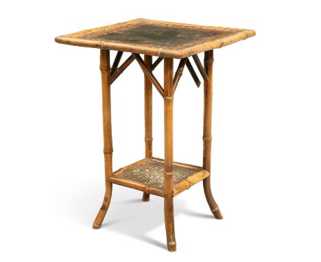 AN AESTHETIC BAMBOO AND LACQUERED OCCASIONAL TABLE, LATE 19TH CENTURY with a square top and shelf stretcher. 72cm high, 51cm 