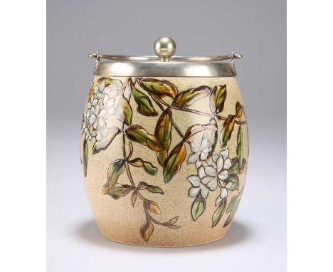 A LINTHORPE EARTHENWARE POTTERY BISCUIT BARREL silver-plate mount, handle and cover, painted with foliage, impressed marks, n