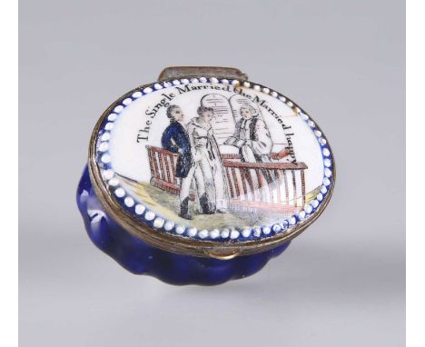 A BILSTON ENAMEL PATCH BOX, CIRCA 1815-20 of oval form, the hinged cover printed in outline and hand-coloured with a couple s