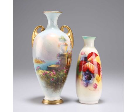 TWO ROYAL WORCESTER VASES the first painted with a Mediterranean View by Evans, the second painted with Brambles by Kitty Bla