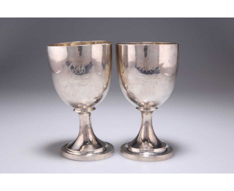 A NEAR PAIR OF GEORGE III SILVER GOBLETS by Rebecca Emes &amp; Edward Barnard I, London 1816, with presentation engraving. (2