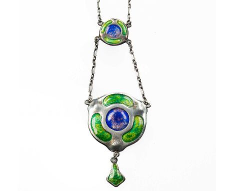 CHARLES HORNER - A SILVER AND ENAMEL PENDANT NECKLACE the circular pendant filled with blue-purple and green enamel, suspendi