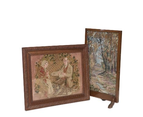 A VICTORIAN WOOLWORK PICTURE AND AN EARLY 20TH CENTURY NEEDLEWORK FIRESCREEN the woolwork picture depicting a lady and gentle