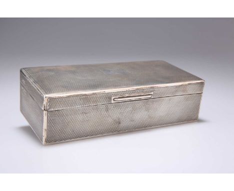 A GEORGE V SILVER CIGARETTE BOX by William Comyns &amp; Sons Ltd, London 1929, rectangular with engine-turned hinged cover, w