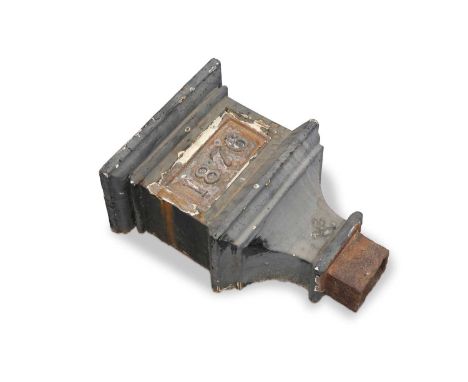 A VICTORIAN CAST IRON RAINWATER HOPPER, DATED 1876 of large proportions.  49cm high, 34cm wide