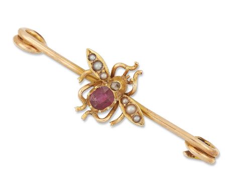 A LATE VICTORIAN RUBY, DIAMOND AND SEED PEARL INSECT BAR BROOCH a winged insect with a ruby-set abdomen, rose-cut diamond tho