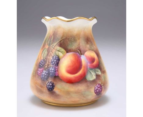 A ROYAL WORCESTER FRUIT PAINTED VASE signed Platt, sack-shaped, no. G957, black printed factory mark. 8.5cm highGood conditio