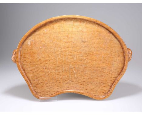 ROBERT THOMPSON OF KILBURN, A MOUSEMAN OAK TEA TRAY kidney-shaped, adzed, with carved mouse signature handles. 47.5cm wideMic