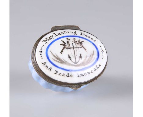 A BILSTON ENAMEL PATCH BOX, CIRCA 1780 the cover painted with a pair of doves perched on an anchor, inscribed 'May Lasting Pe