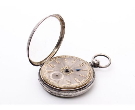 A sterling silver key wind open faced pocket watch, engine turned silver face with gilt accents and Roman numeral baton marke