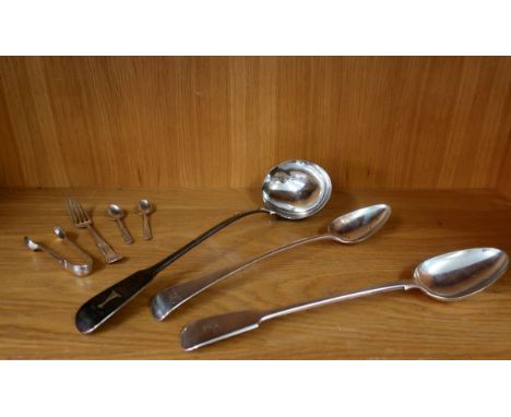 A Georgian silver serving spoon by Solomon Hougham, London 1796, 4.10ozt; with some electroplated items to include a ladle, s