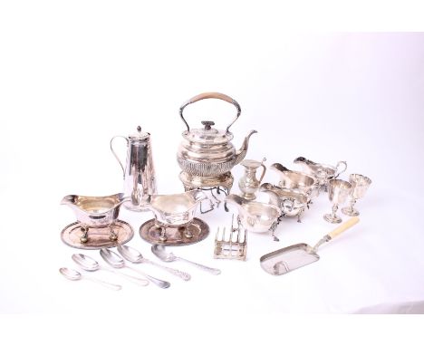 A collection of silver plated wares, to include a ceramic lined thermos jug in the Arts &amp; Crafts style, a tea pot on matc