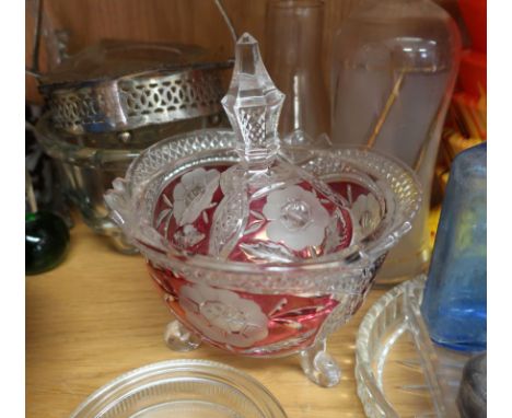 A collection of glass to include a an oil lamp and other items. 