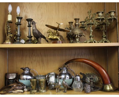 A pair of gilt metal twin-branch candelabra, together with set of Victorian brass sovereign scales, a Voigtlander camera, and