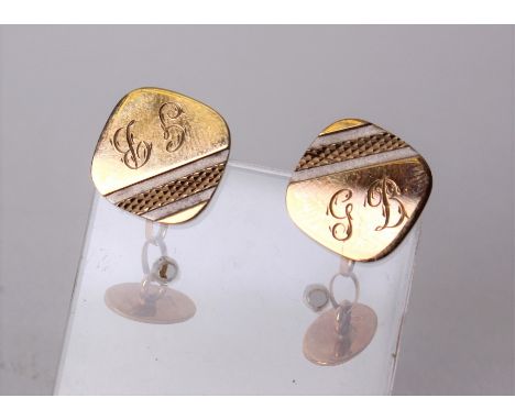 Two pairs of 9ct gold cuff links, a pair of rose gold bullet shaped cuffs, and a pair of square cuff links with engine turned
