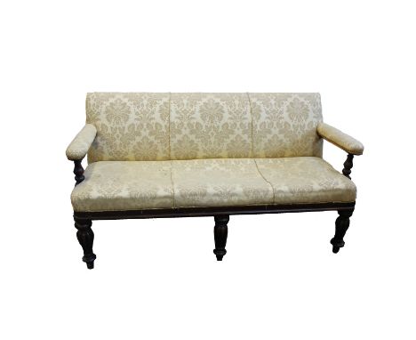 A mid 19th century mahogany upholstered sofa with rectangular back open arms on turned supports and bulbous reeded legs 165cm