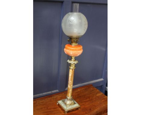 An antique banquet lamp with a brass and marble Corinthian column base, a brass duplex burner and gallery, floral glass shade