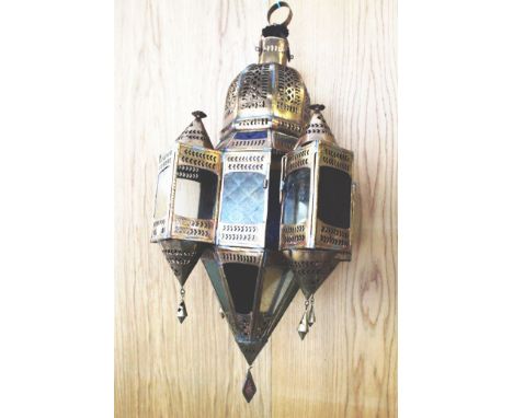 A Moroccan hanging lantern, together with other Middle Eastern design brassware, copper kettles and assorted metalware (three