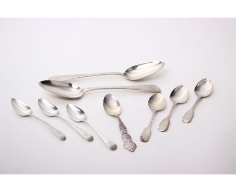 A mixed collection of Georgian/Victorian sterling silver flatware, to include two serving spoons by William Eley &amp; Willia