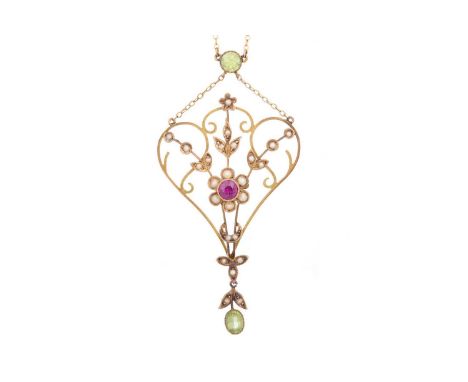 EDWARDIAN 'SUFFRAGETTE' HOLBEIN EARLY 20TH CENTURY  set with amethyst, peridot and seed pearl, in nine carat gold and on chai