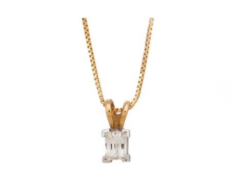 DIAMOND SOLITAIRE PENDANT set with a diamond of approximately 0.20 carats, on an eighteen carat gold box chainWorn, requires 