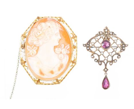 COLLECTION OF JEWELLERY including cameo brooch, marked 14K, rhodolite garnet and seed pearl holbein, marked 9C, and four ring