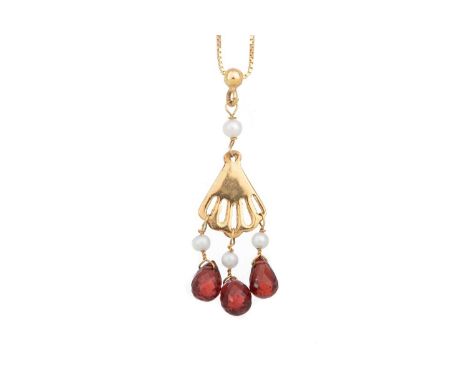 RED GEM AND PEARL PENDANT  the fan shaped appendage on a nine carat gold chain