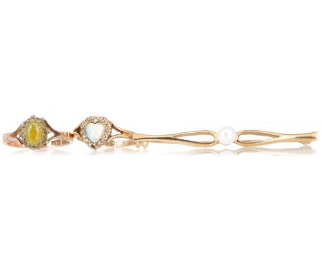 OPAL RING, ALONG WITH A STONE SET RING AND A PEARL BAR BROOCH  the heart shaped opal set in eighteen carat gold, the green ha