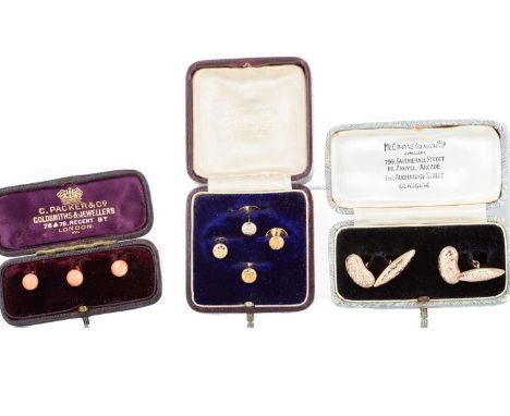 PAIR OF GOLD CUFFLINKS  ALONG WITH A COLLECTION OF SHIRT STUDS including mother of pearl and coral studs, each boxed