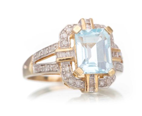 AQUAMARINE AND DIAMOND RING set with a step cut aquamarine to a diamond set mount, marked 10K, size TQty: 5.8gGenerally worn.