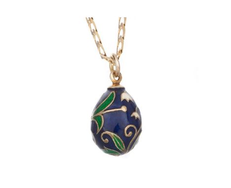 EGG PENDANT ON CHAIN  the pendant decorated with floral designs in green, white and blue enamel, on a nine carat flat curblin