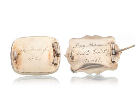 TWO IMPRESSIVE MOURNING BROOCHES EARLY 19TH CENTURY one set with jet and seed pearls, lacking hairwork, with ' J.M.M.G, 1829'