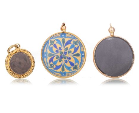 VICTORIAN HAIRWORK MOURNING PENDANT  ALONG WITH TWO OTHERS the hairwork pendant within a yellow metal mount, along with a por