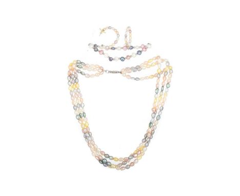 COLLECTION OF PEARL JEWELLERY comprising two pearl necklaces, a bracelet and pair of earrings, formed with coloured freshwate