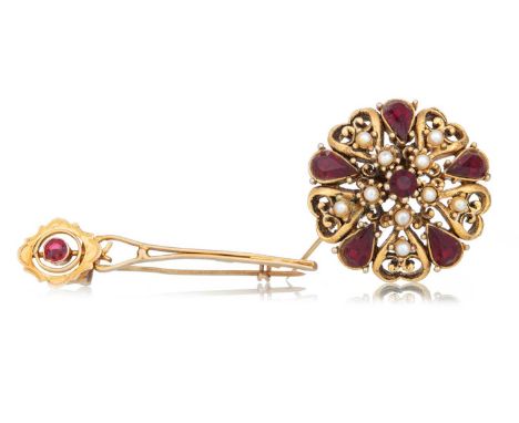 TWO GOLD BROOCHES AND ONE OTHER including a garnet and pearl spray example, a bar brooch and one otherQty: 3