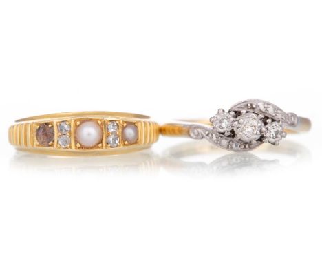 PEARL DRESS RING  ALONG WITH A DIAMOND THREE STONE RING each set with small diamonds, each in eighteen carat gold, size O and