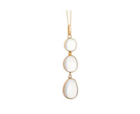 MOONSTONE PENDANT set with graduated moonstones, marked 9CT, on a nine carat gold chainGenerally worn. Stones in nice conditi