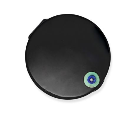 CARTIER, A VINTAGE BLACK LACQUER, TURQUOISE, LAPIS LAZULI AND DIAMOND COMPACT in silver, the round hinged body decorated in b