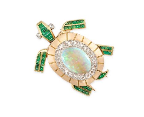 CARTIER, A VINTAGE OPAL, EMERALD AND DIAMOND TURTLE BROOCH in 18ct yellow gold, the shell set with an oval cabochon opal in a